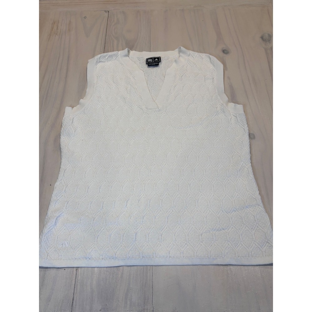 Adidas Women White Cotton V-Neck Sweater Vest Golf Textured Knit L 086881 BCA001